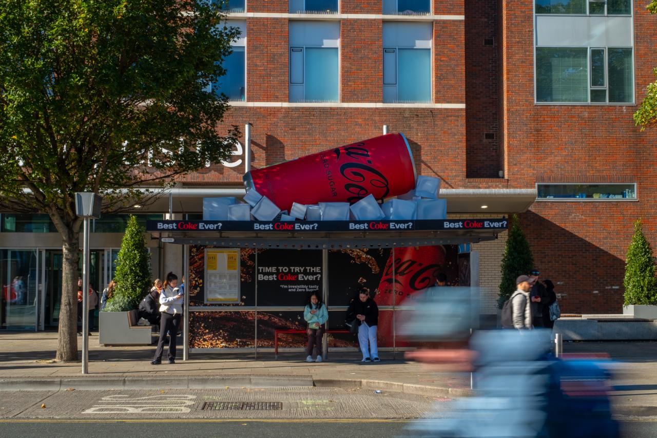 Coca-Cola Best Coke Ever 3D bus shelter special build with oversized can bursting through ice in Dublin