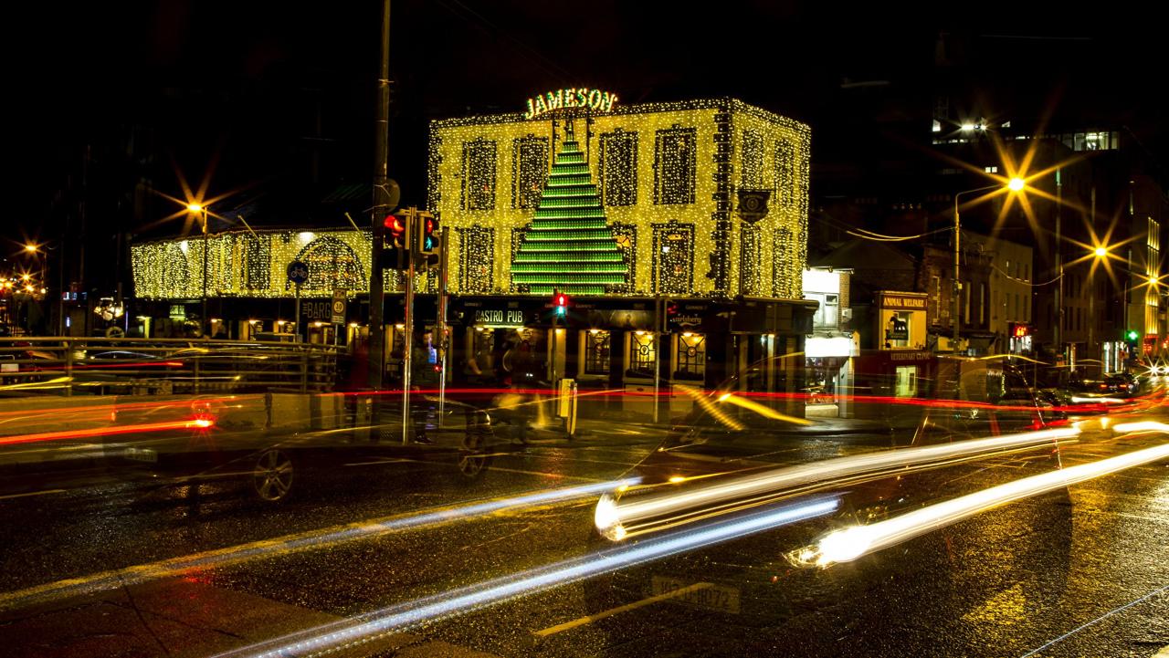 Jameson Black Barrel illuminated mural outdoor advertising at night in Dublin